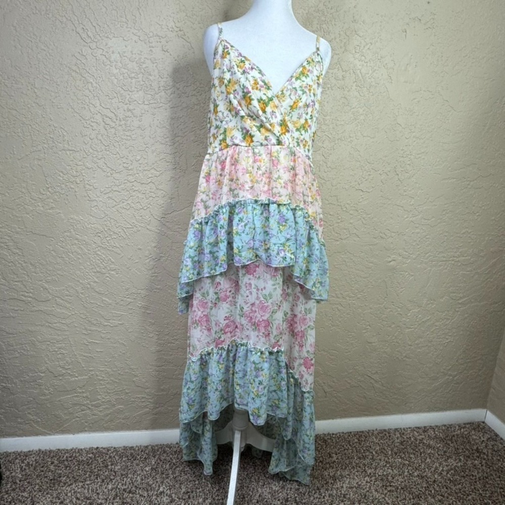 Chiffon Tiered Floral Sleeveless Maxi Dress XL Ruffle Cottage Fairy Boho Wedding
